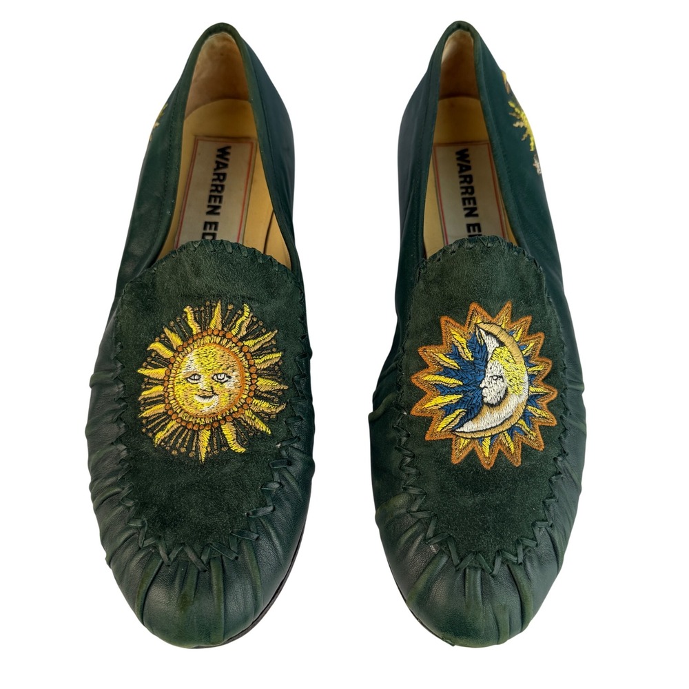 Susan Bennis Warren‎ Edwards Leather Loafers Green Sun Moon Embroidery Italian
